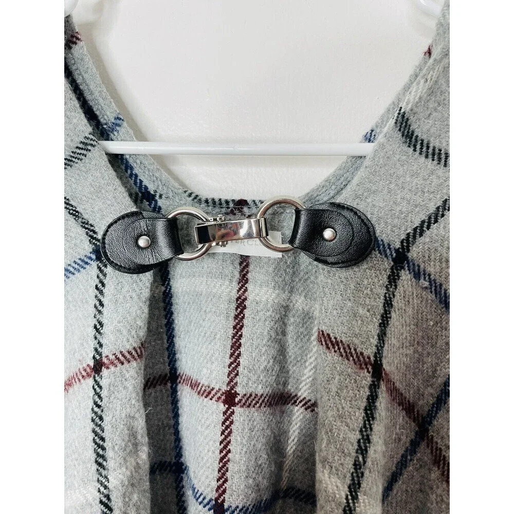 Charter Club Womens Knit Poncho One Size OS Gray Plaid Fringe Buckle Relaxed - Picture 3 of 7